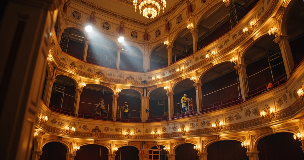 Andar superior de teatro histórico sendo restaurado, andaimes e equipe técnica visíveis 