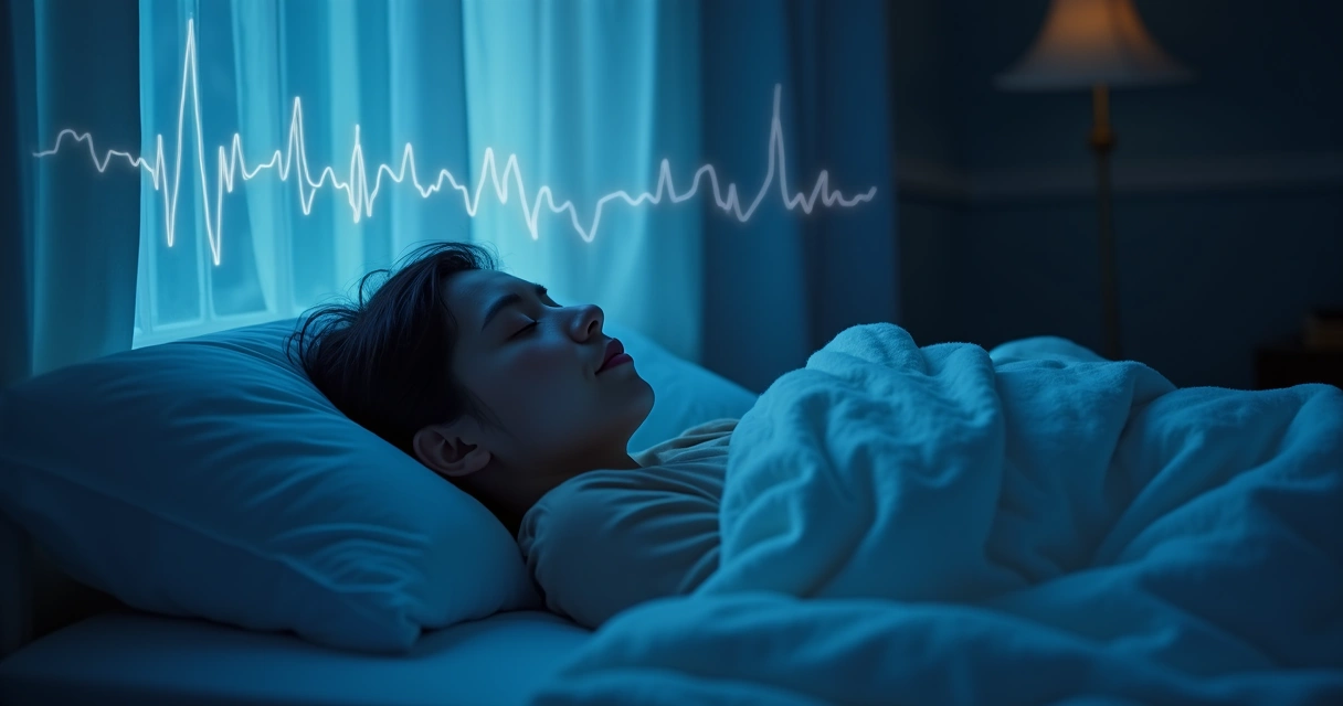 Peaceful bedroom at night with gentle sleep pattern display