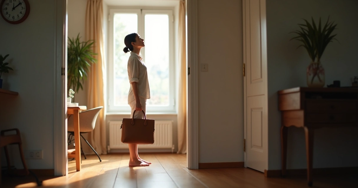Person pausing at a doorway in soft natural light, work bag in hand, with bare feet on a wooden floor, quietly shifting from workday to home. 