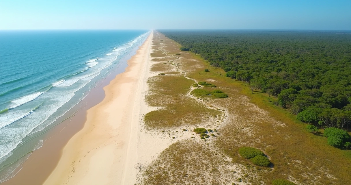 Vista aérea de restinga com vegetação e dunas ao longo da praia 