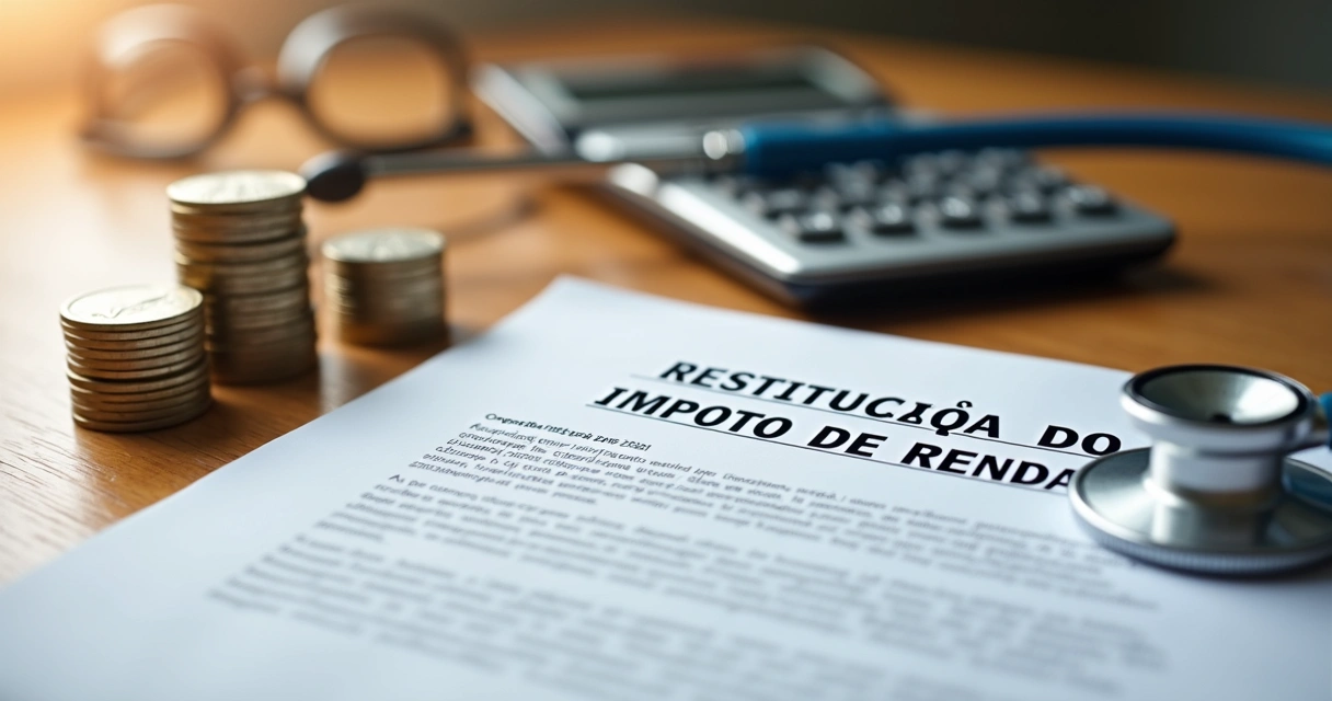 Documento de restituição do imposto de renda com símbolo de saúde e pilhas de moedas ao lado 