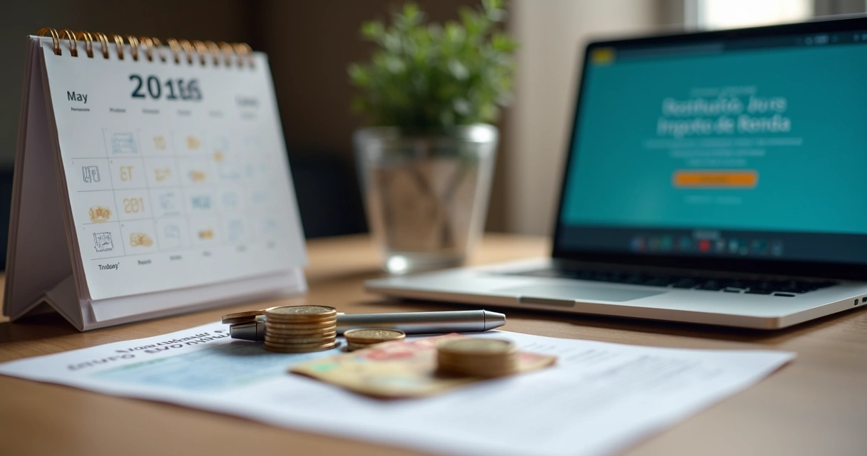 Calendário 2026 ao lado de notebook e moedas representando restituição do Imposto de Renda 