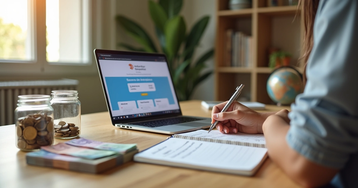 Pessoa organizando dinheiro da restituição com caderno de planejamento financeiro 