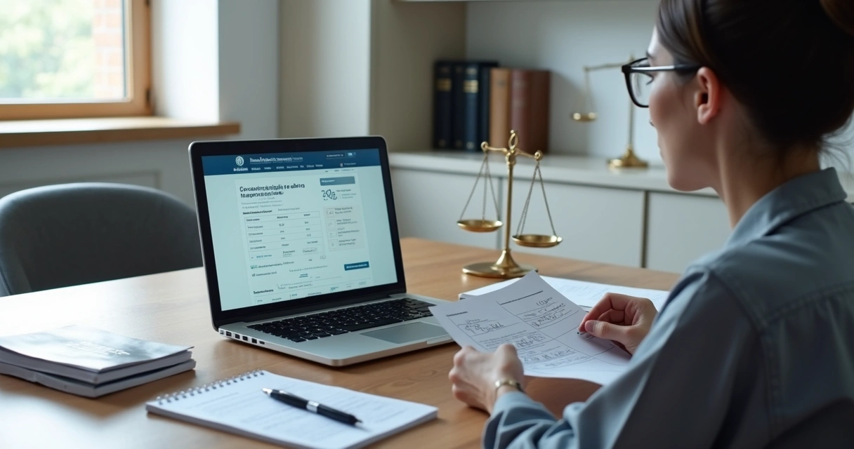 Empresário analisa comprovantes fiscais e tabela de restituição de tributos na tela do notebook 