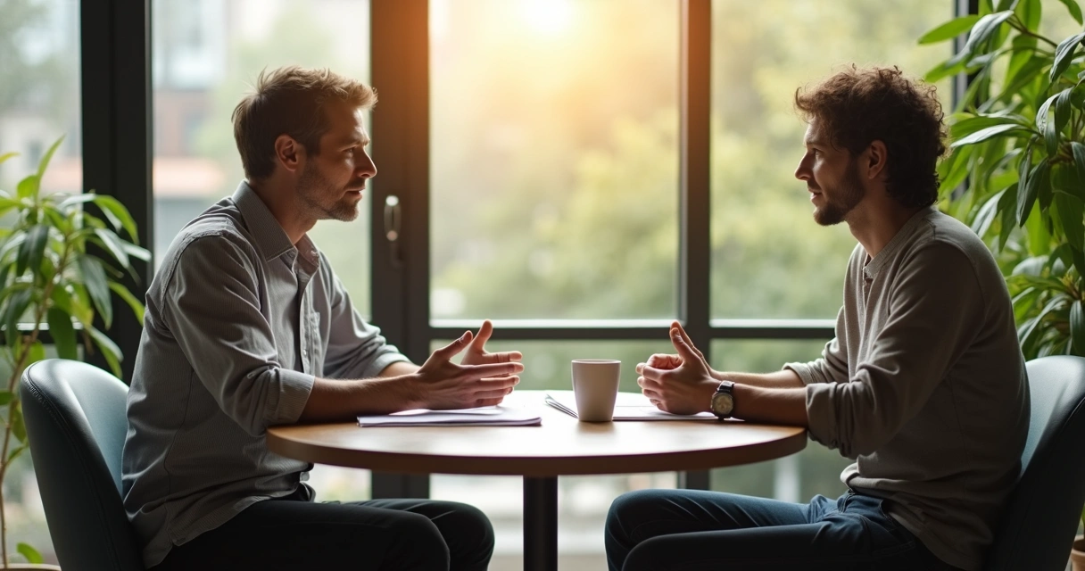 Two people having a restorative conversation in an office setting