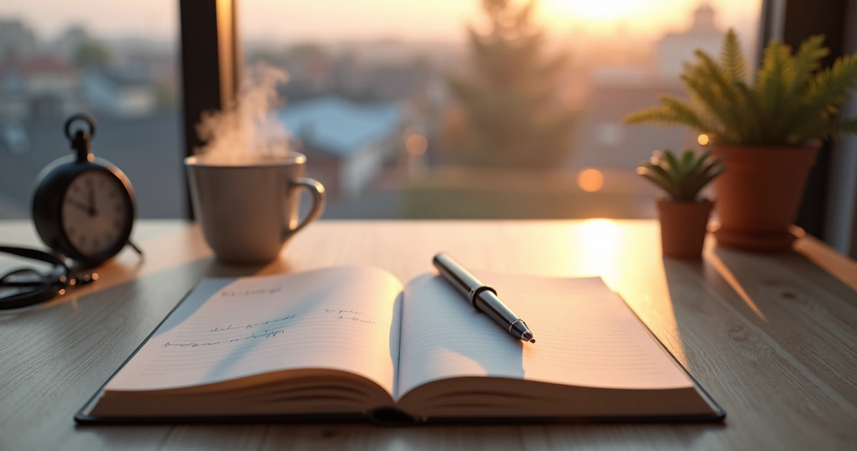 Open journal on a wooden desk lit by sunrise with pen and tea nearby 