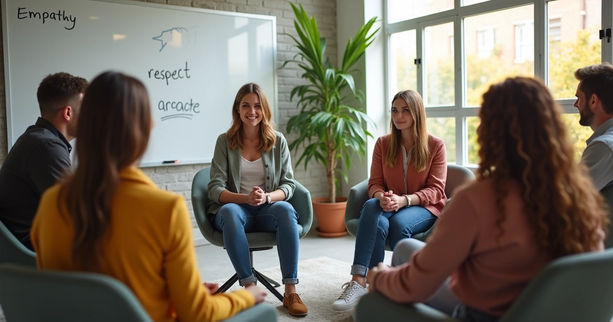 Colleagues sitting in a circle talking openly in a bright meeting room