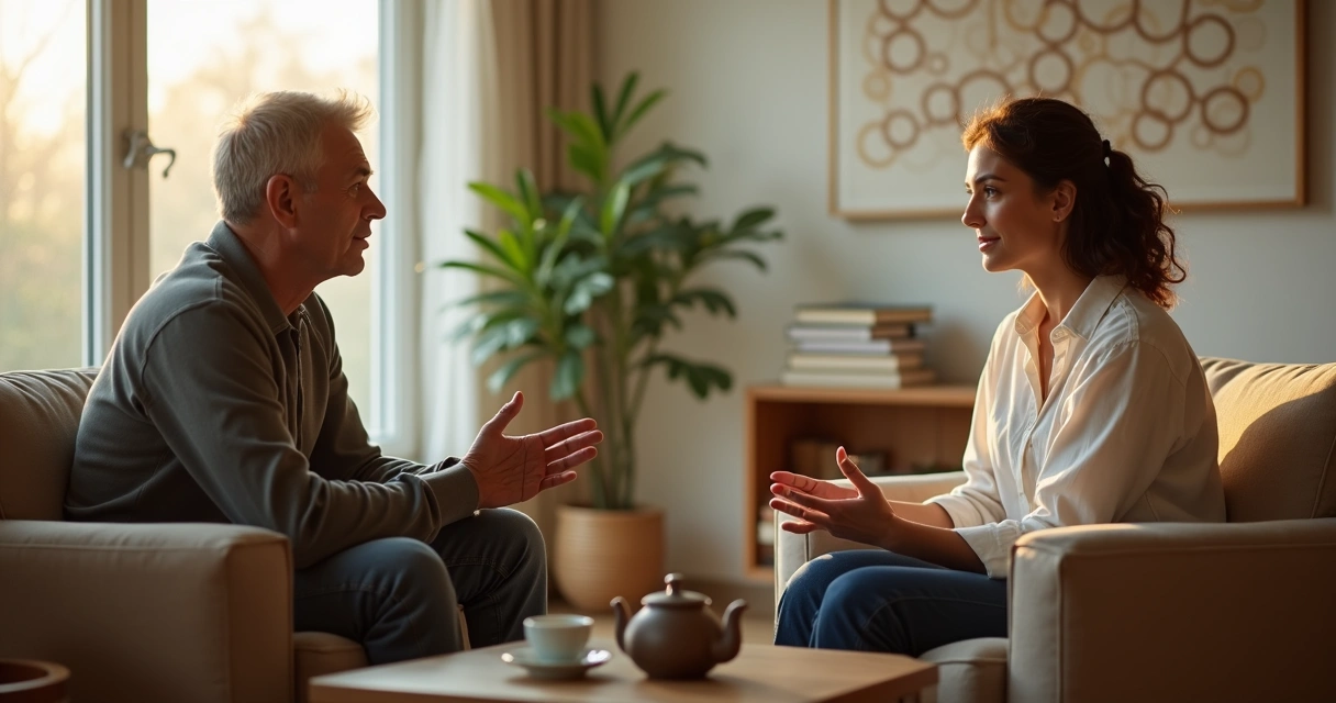 Two people in a calm conversation practicing attentive listening 