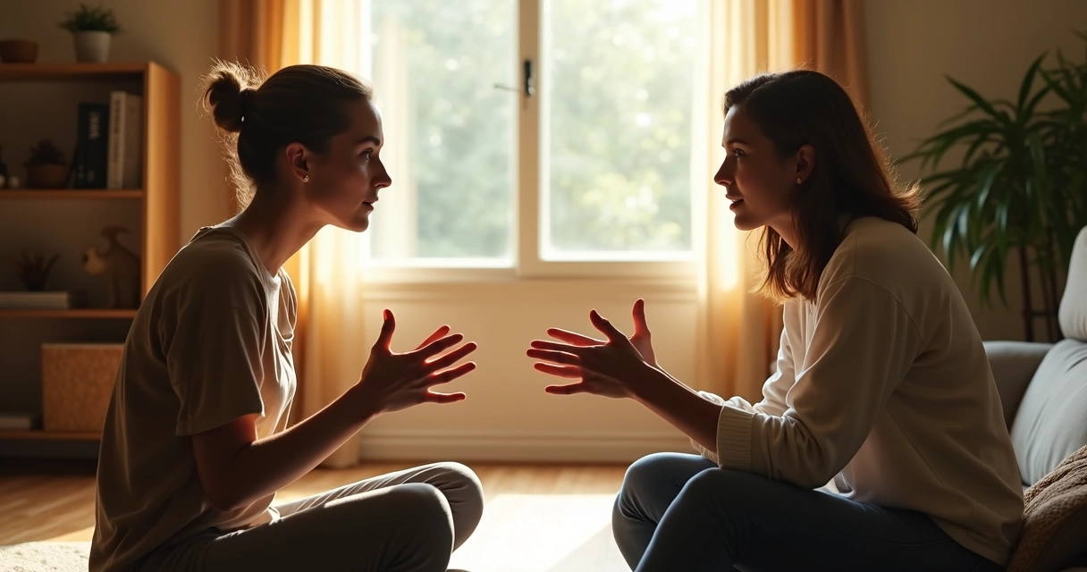Two people sitting face to face, one attentively listening to the other in a sunlit room 