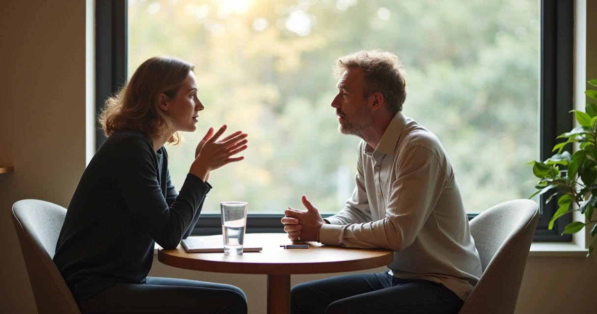 Two people talking calmly at a table rebuilding trust after conflict 