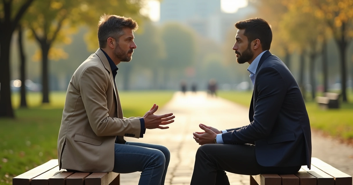 Two people in a calm conversation on a bench rebuilding trust 