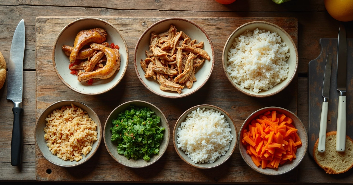 Restos de alimentos prontos organizados em pequenas tigelas