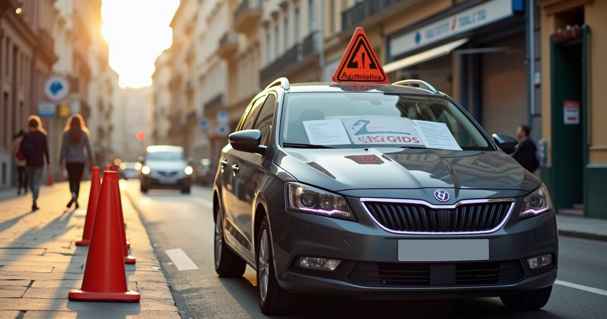 Carro parado na rua com restrição de IPVA, cones de alerta e placa penalidade 