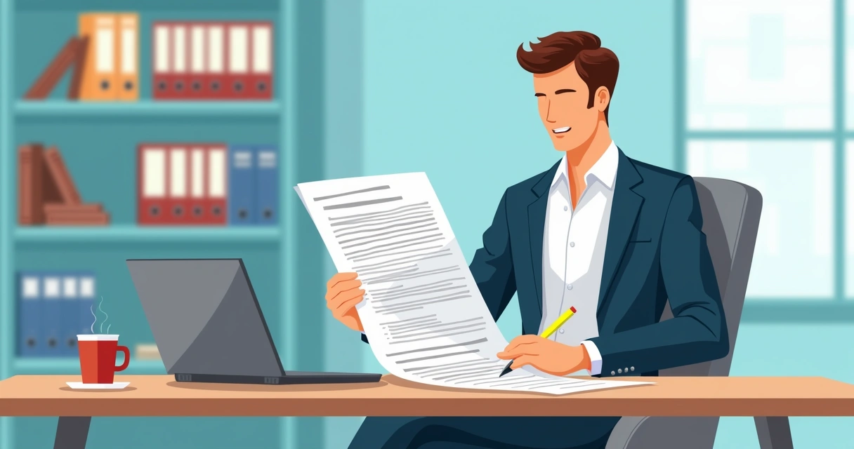 Pessoa lendo todas as páginas de um contrato de seguro no escritório, destacando trechos importantes com marca-texto 