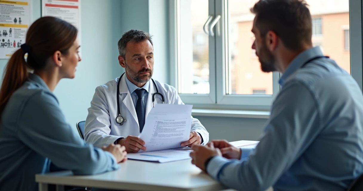 Médico do trabalho mostrando documento de restrição com trabalhador e gestor 