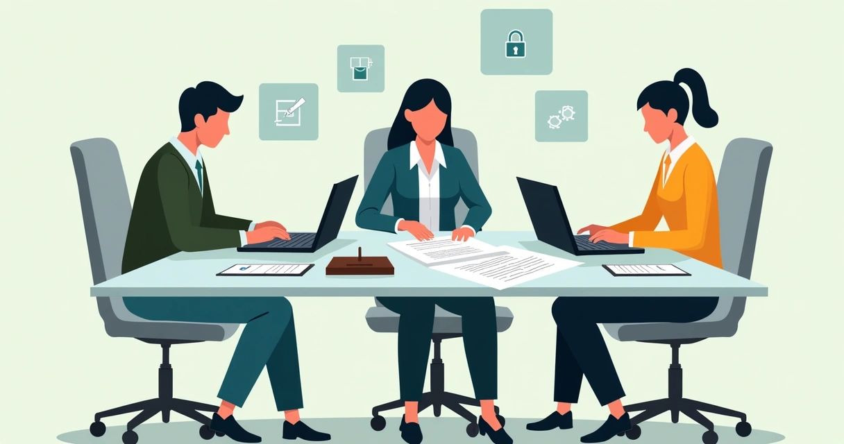 Reunião sobre requisitos técnicos e legais em projeto digital, com documentos e telas de computador 