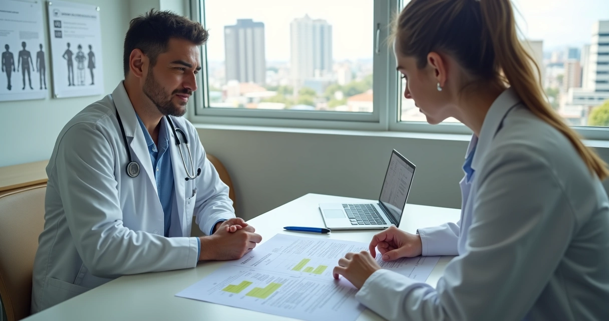 Trabalhador conversa com médica do trabalho enquanto analisa laudo com restrições médicas 