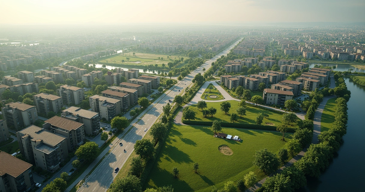 Vista aérea detalhada de um empreendimento imobiliário moderno respeitando restrições urbanísticas com áreas verdes, vias planejadas e zonas delimitadas 