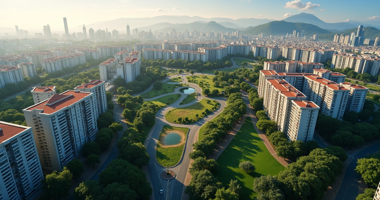 Vista aérea detalhada de uma cidade com áreas residenciais, condomínios e espaços públicos bem organizados, mostrando limites urbanos e áreas verdes 