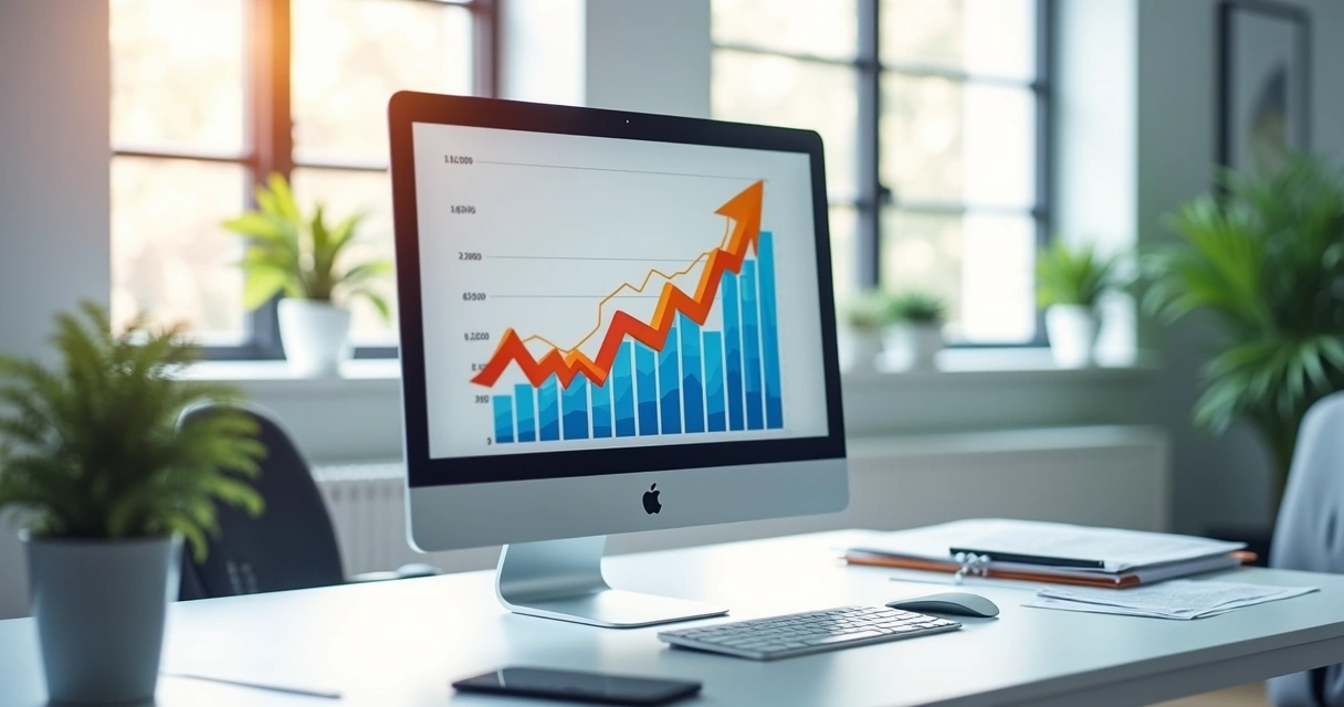 Representação de gráfico de crescimento de acessos orgânicos em tela de computador, ambientado em escritório branco com elementos digitais 