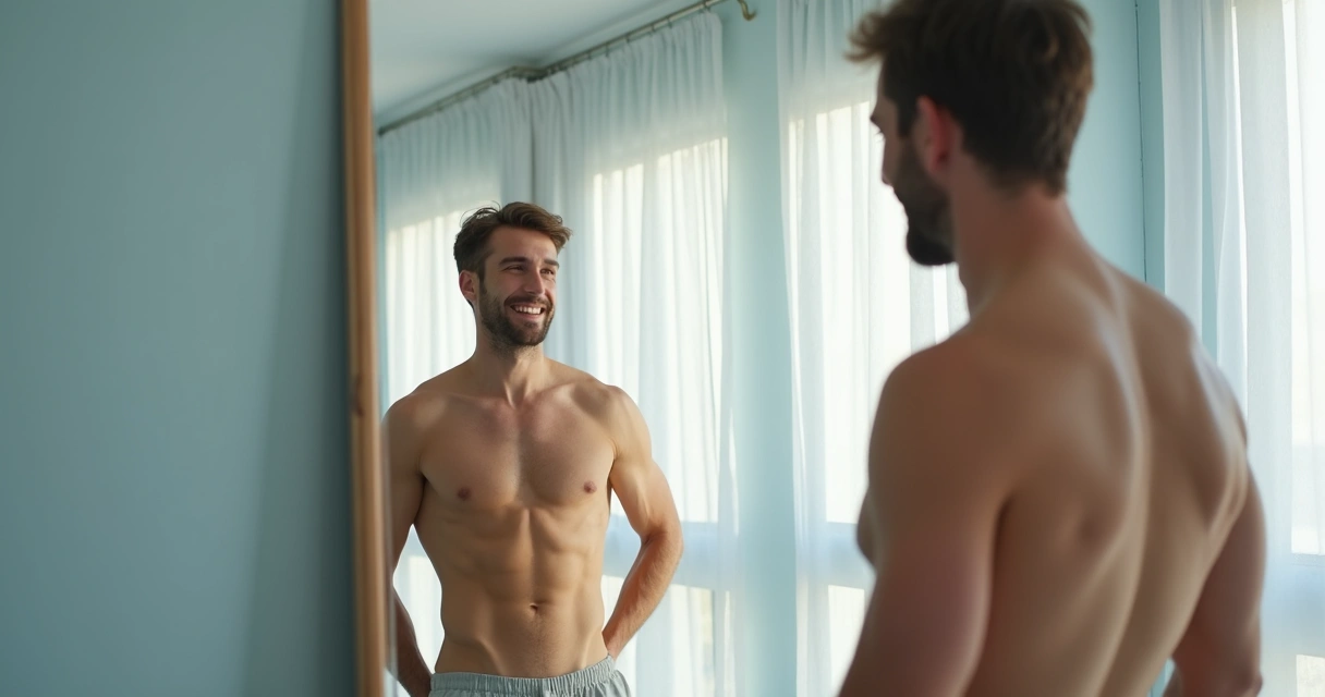 Homem sorridente observando o resultado do procedimento peniano 