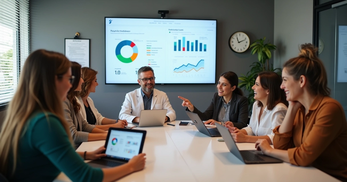 Equipe de marketing e odontologia analisando resultados de campanhas no escritório 