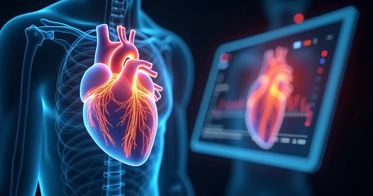 Imagem de resultado de cintilografia mostrando áreas do coração coloridas 