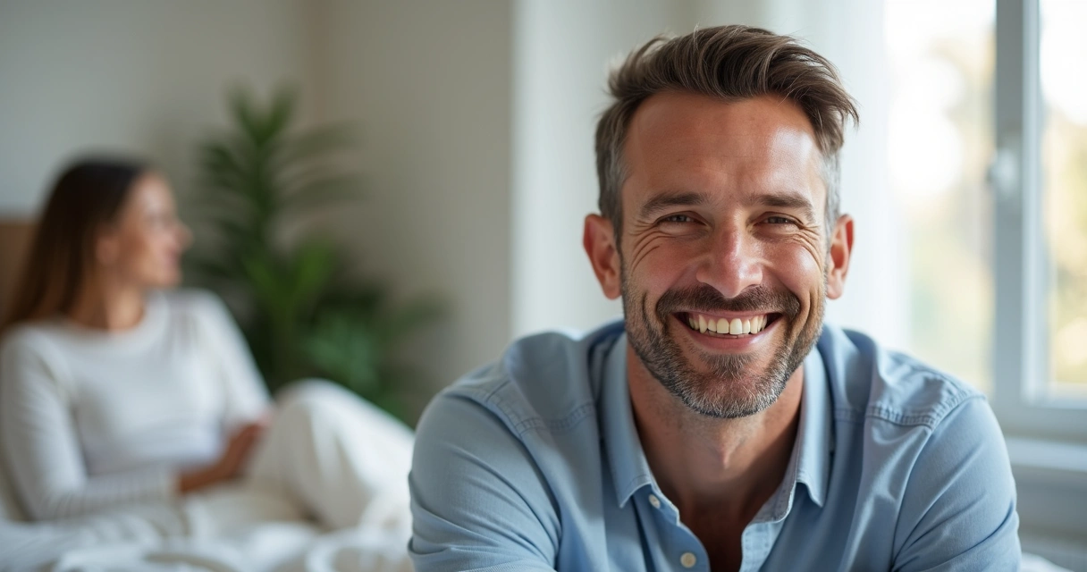 Homem adulto sorridente sentado na cama com parceiro ao fundo, clima de bem-estar. 