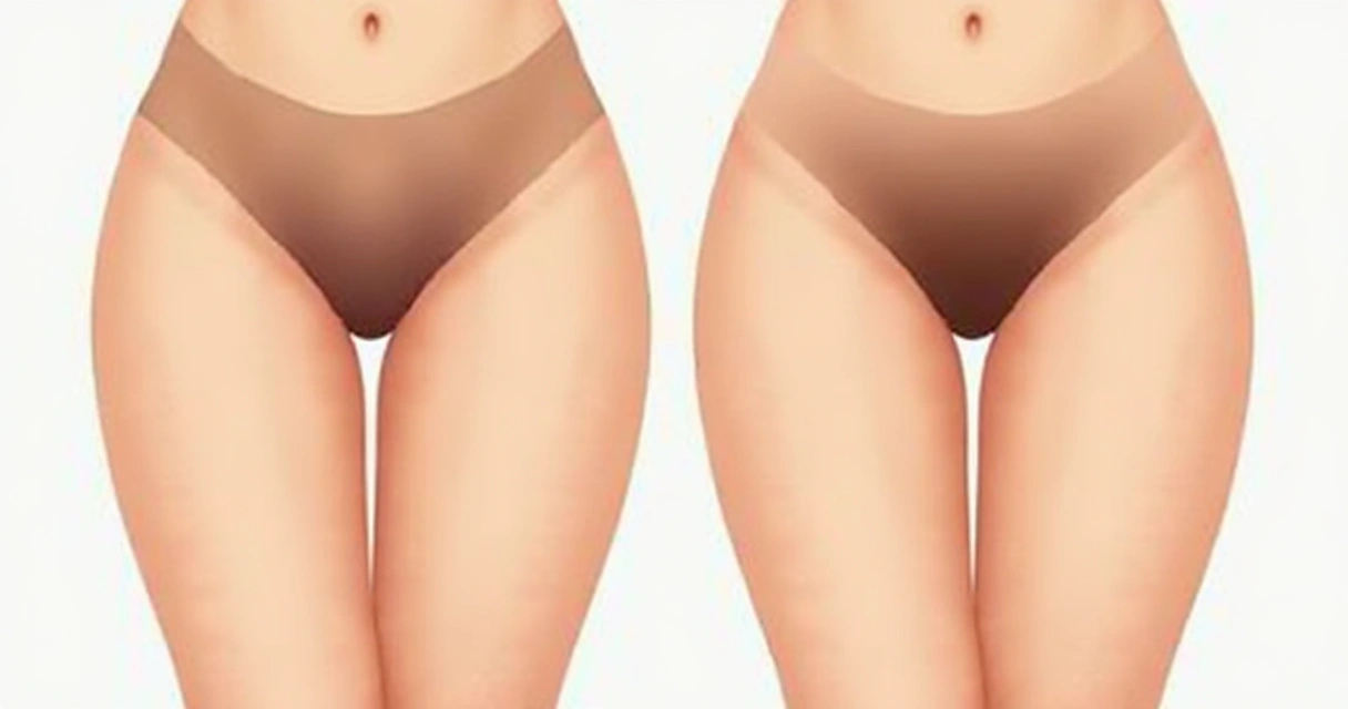 Ilustração de antes e depois de clareamento íntimo a laser de forma discreta 