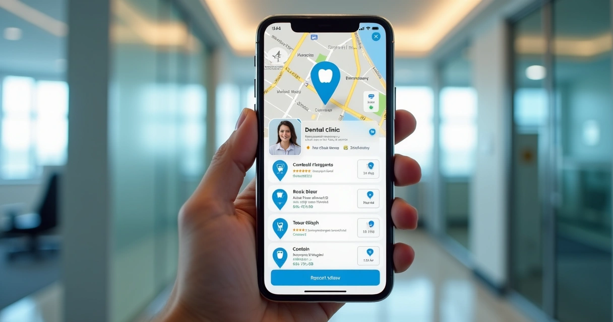 Celular mostrando clínica odontológica no topo do Google Maps 