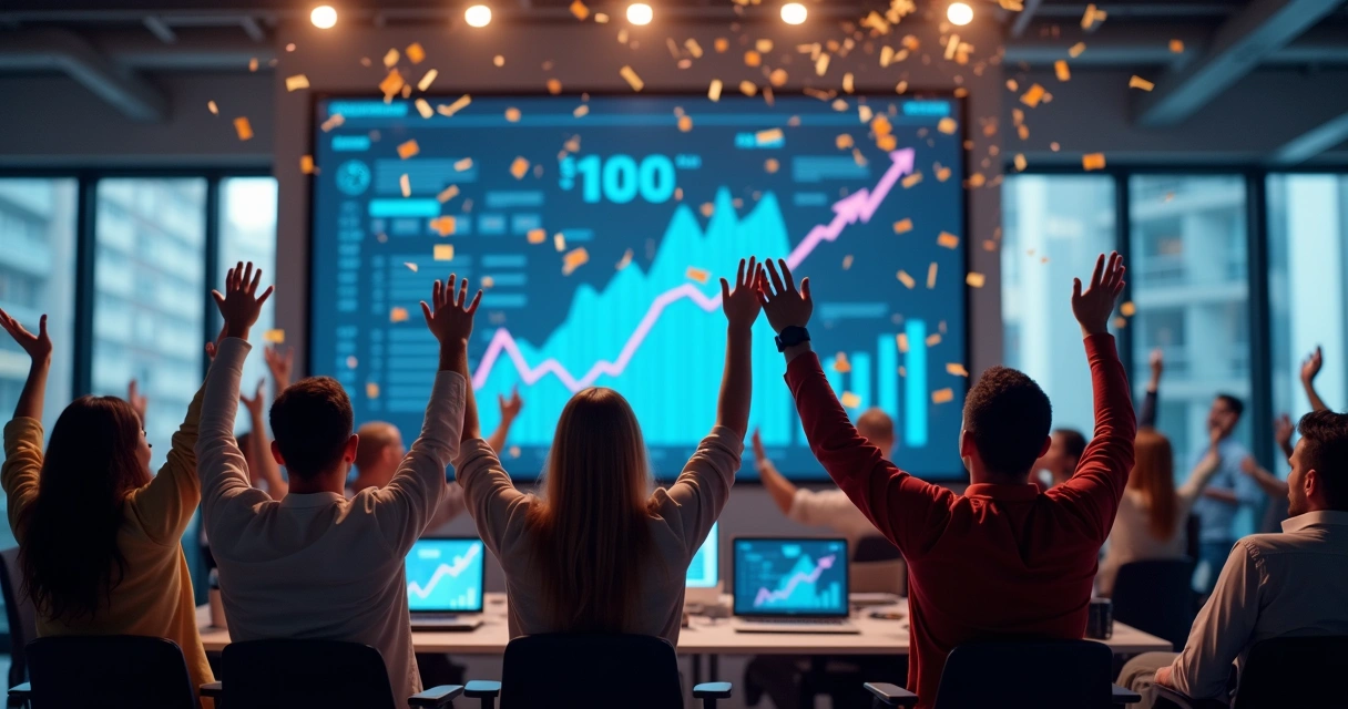 Equipe comemorando aumento nas vendas de final de ano 