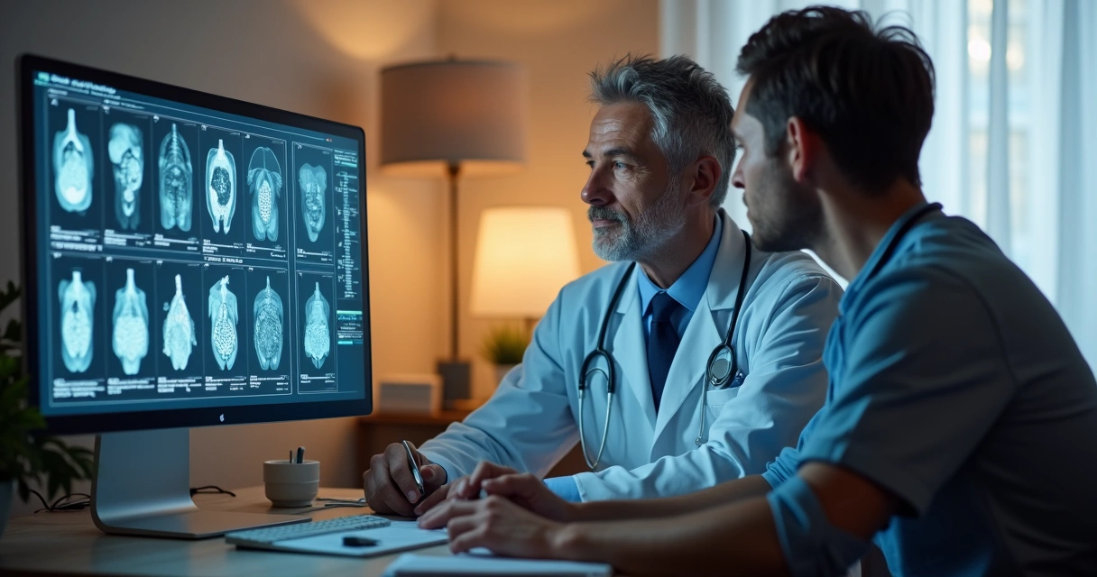 Paciente e médico analisando juntos resultado da colonoscopia 