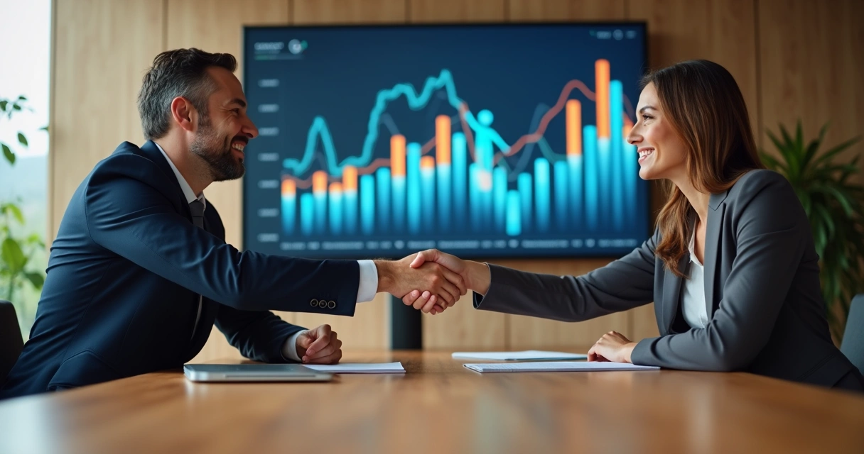Dois executivos apertando as mãos em sala de reunião com gráficos na tela ao fundo 