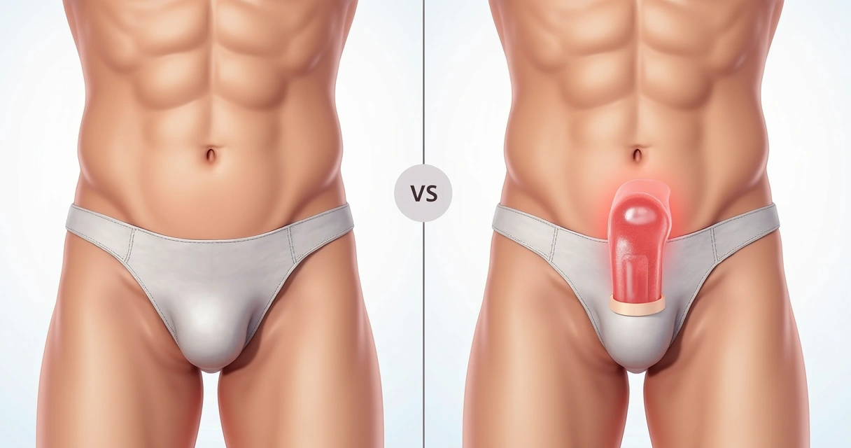 Comparativo antes e depois de harmonização peniana com aumento de espessura 