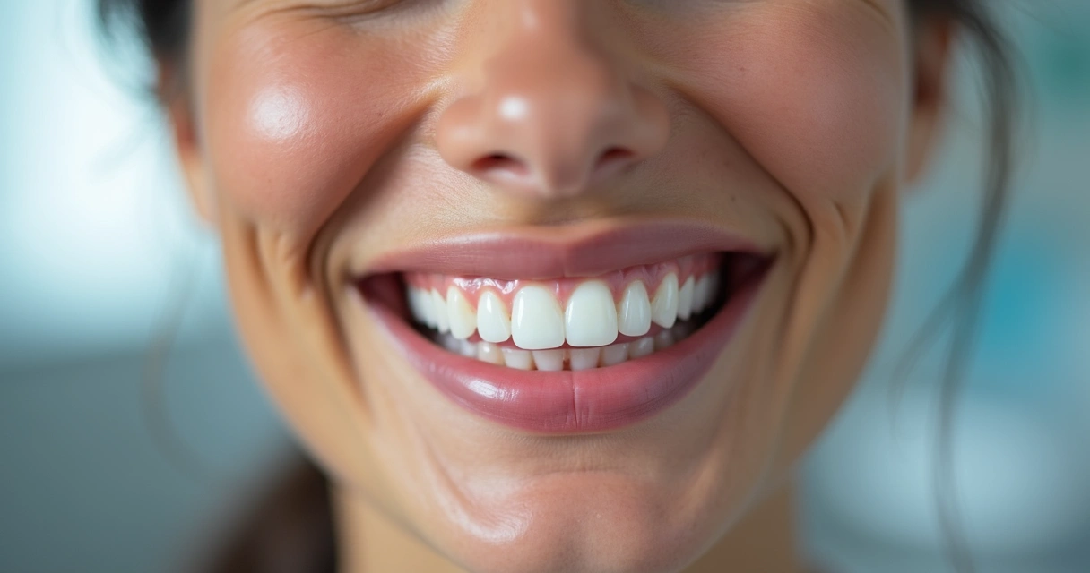 Paciente sorrindo, mostrando prótese total na arcada superior após implante zigomático