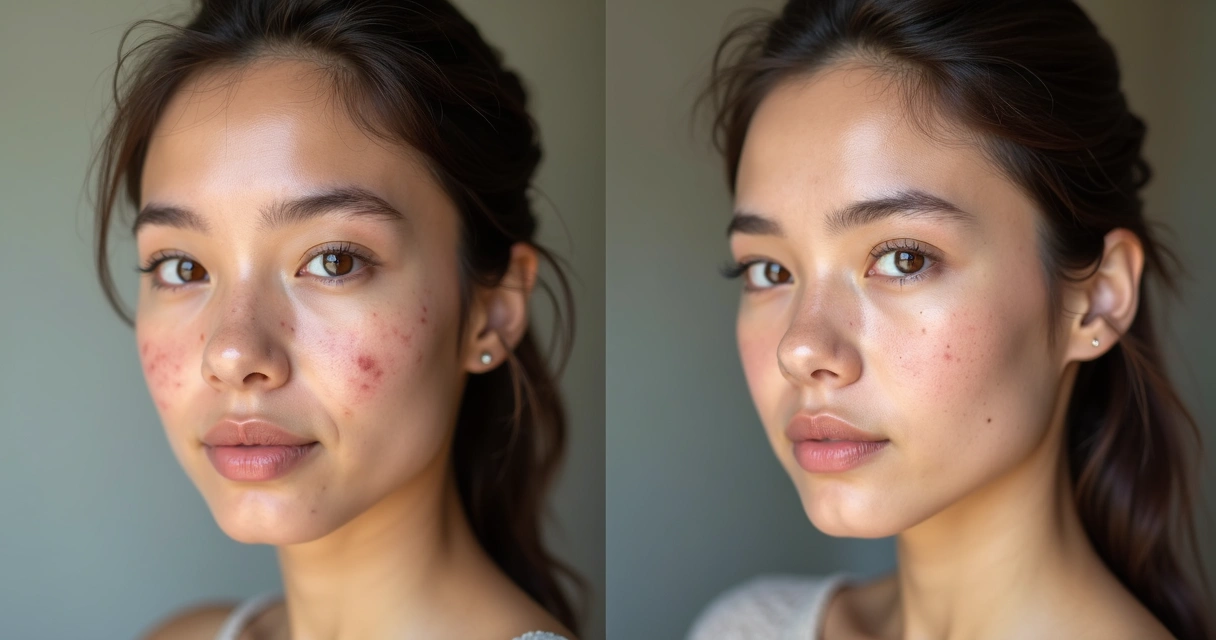 Antes e depois do tratamento com laser de CO2 para acne em mulher jovem 