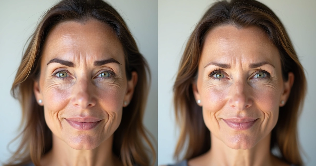 Comparação de antes e depois do brow lift em mulher de meia-idade, mostrando elevação natural das sobrancelhas 