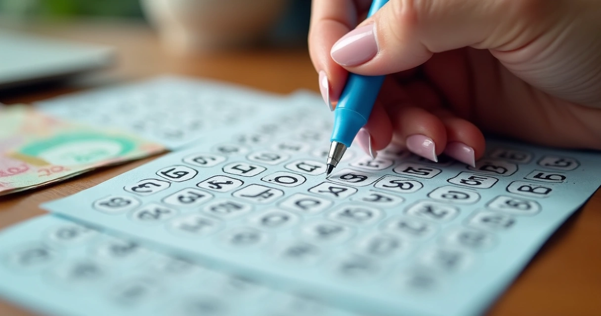 Bilhetes de loteria sendo conferidos por mãos femininas e caneta 