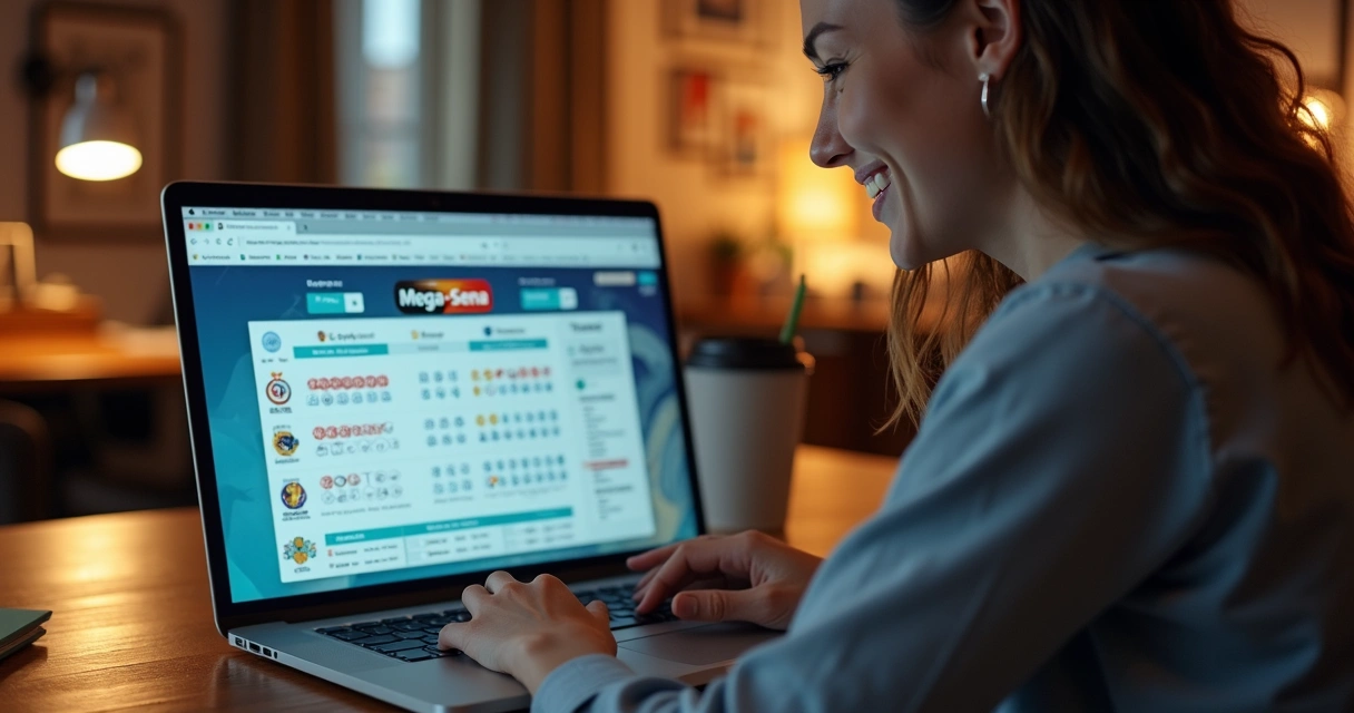 Pessoa feliz olhando resultado online da Mega-Sena no notebook 