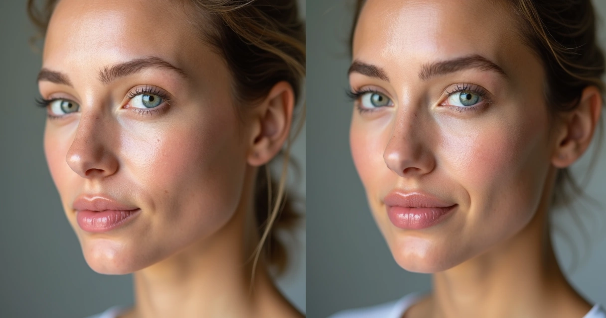 Comparação antes e depois de microagulhamento para poros dilatados no rosto feminino 