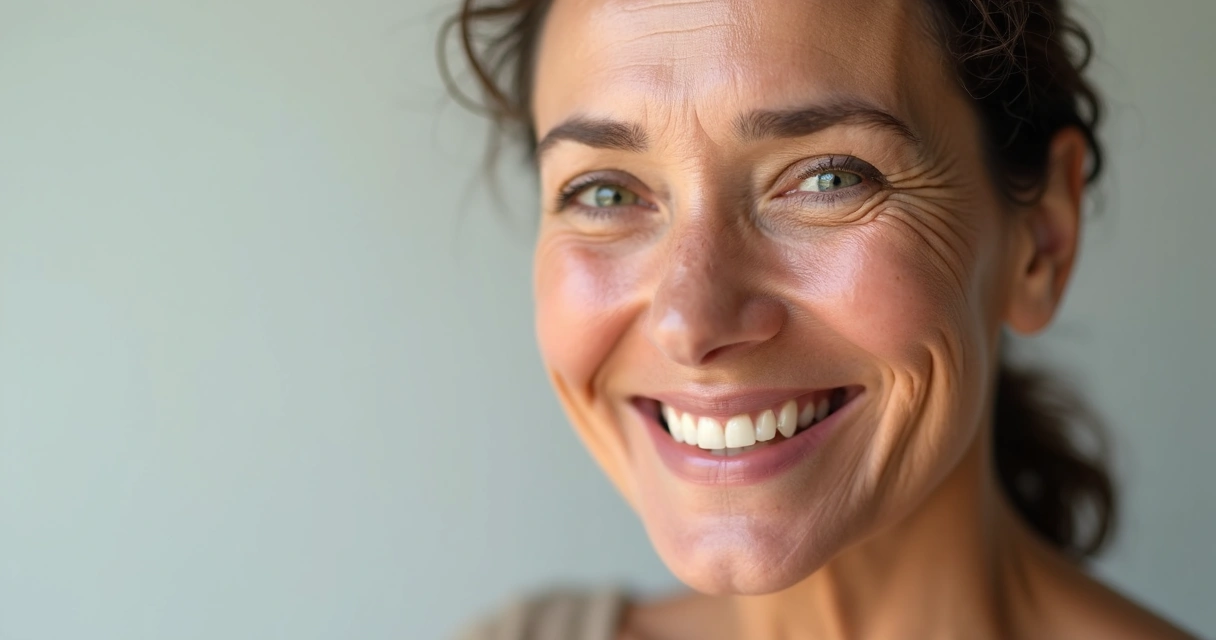 Resultado natural da harmonização facial em mulher madura sorrindo