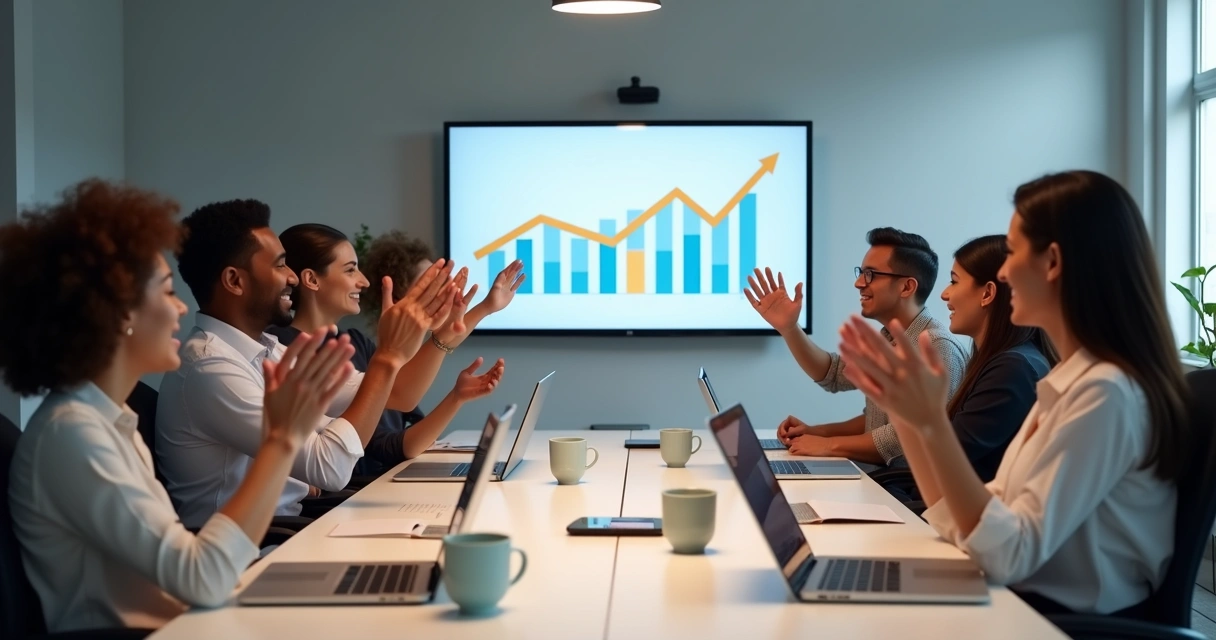 Equipe comemorando resultados de notificações digitais 