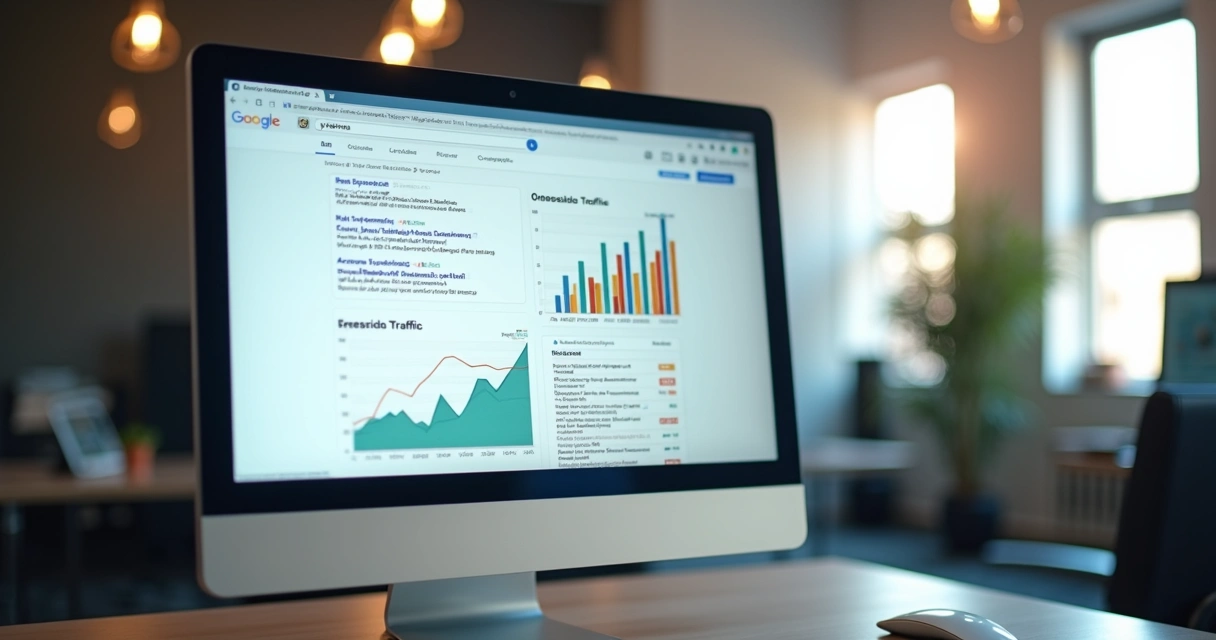 Computador de mesa exibindo resultados de pesquisa do Google com gráficos de desempenho da web ao fundo. 
