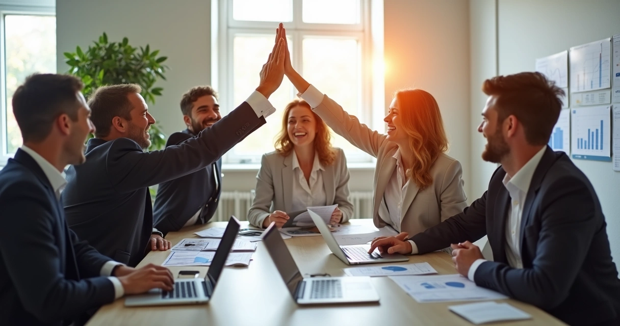 Equipe sorridente comemorando resultados financeiros positivos 