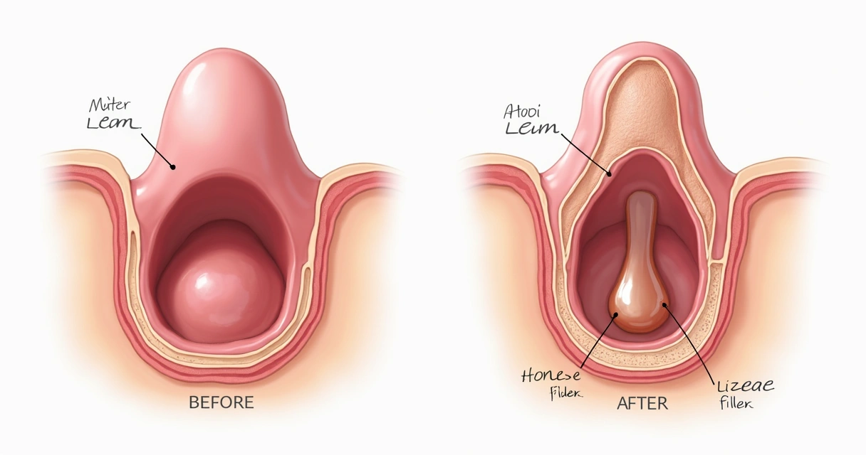 Vista médica detalhada mostrando diferença de circunferência peniana antes e depois do preenchimento. 