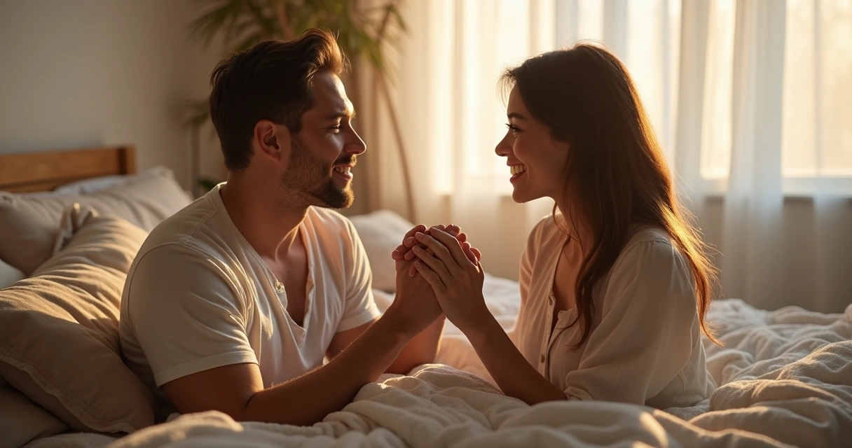 Casal sorridente de mãos dadas e clima íntimo 