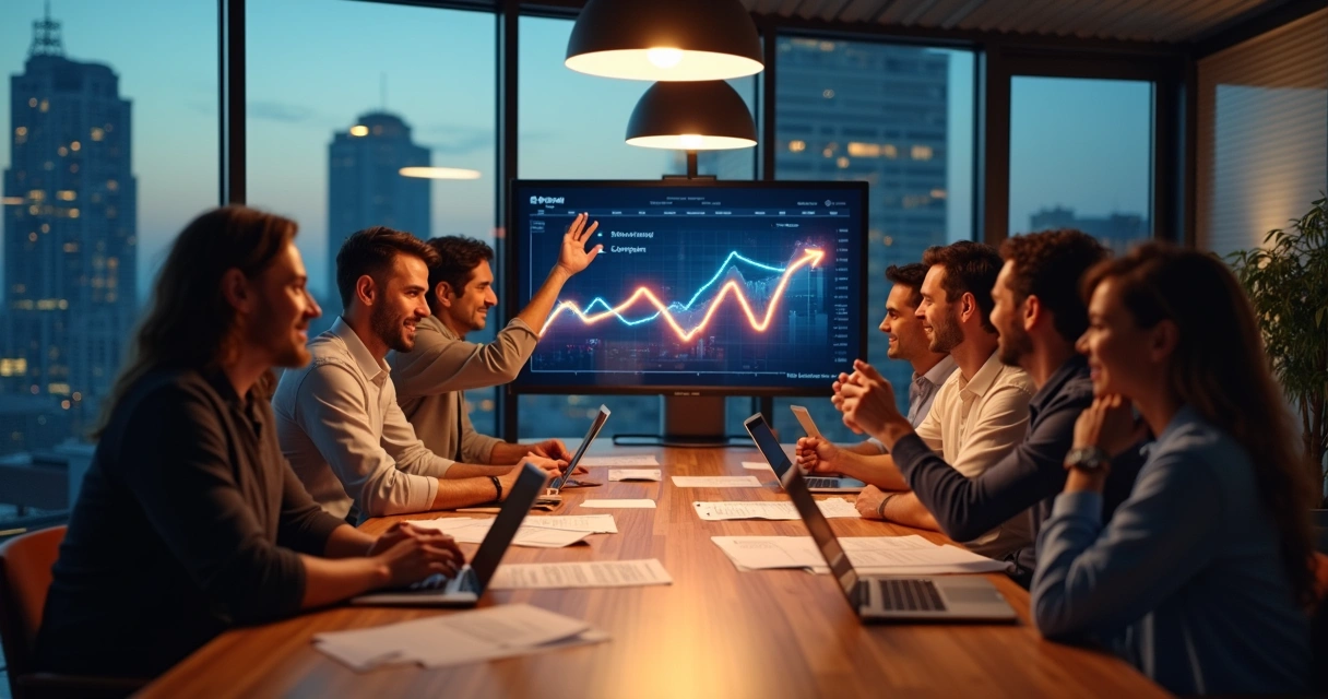 Equipe comemorando resultados de vendas crescentes na empresa 