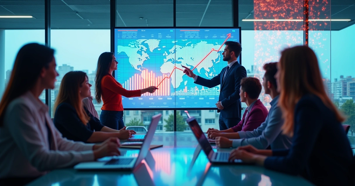 Equipe de marketing analisando resultados de segmentação em um escritório digital