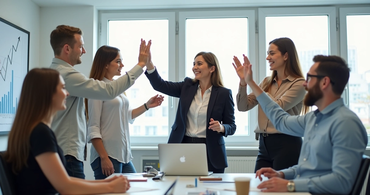 Equipe alegre comemorando resultado positivo juntos 
