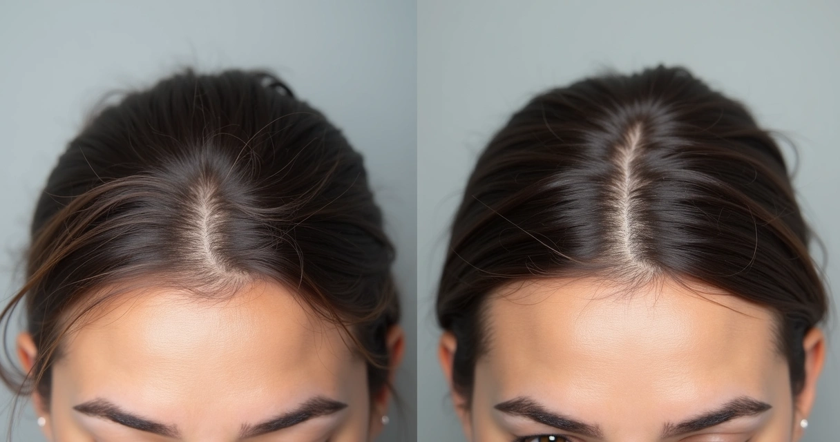 Foto comparativa de antes e depois de tratamento de alopecia feminina com crescimento capilar. 
